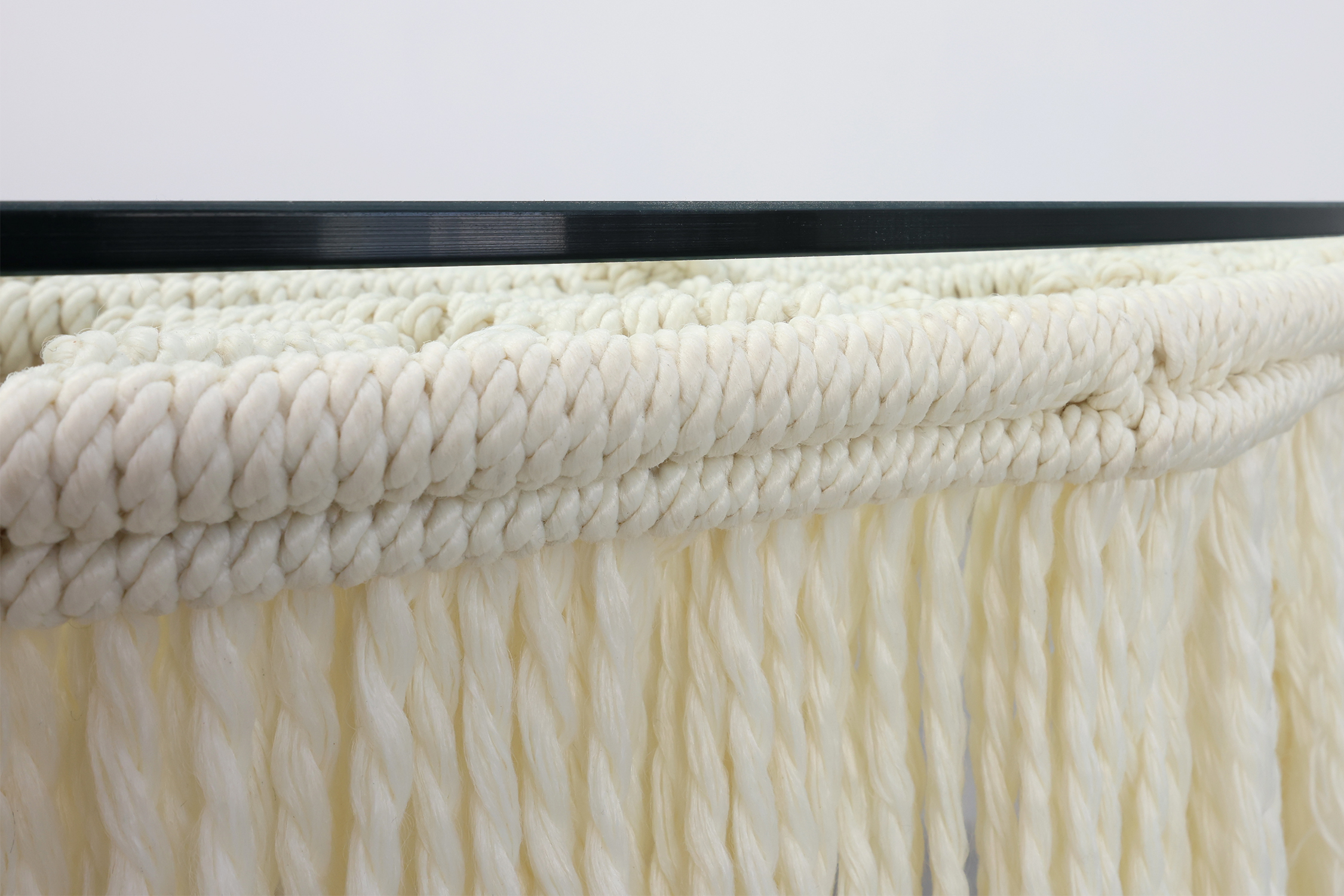 Monumental white dining table with glass top and macram&eacute; in Hollywood regency style, Italy 20th century thumbnail